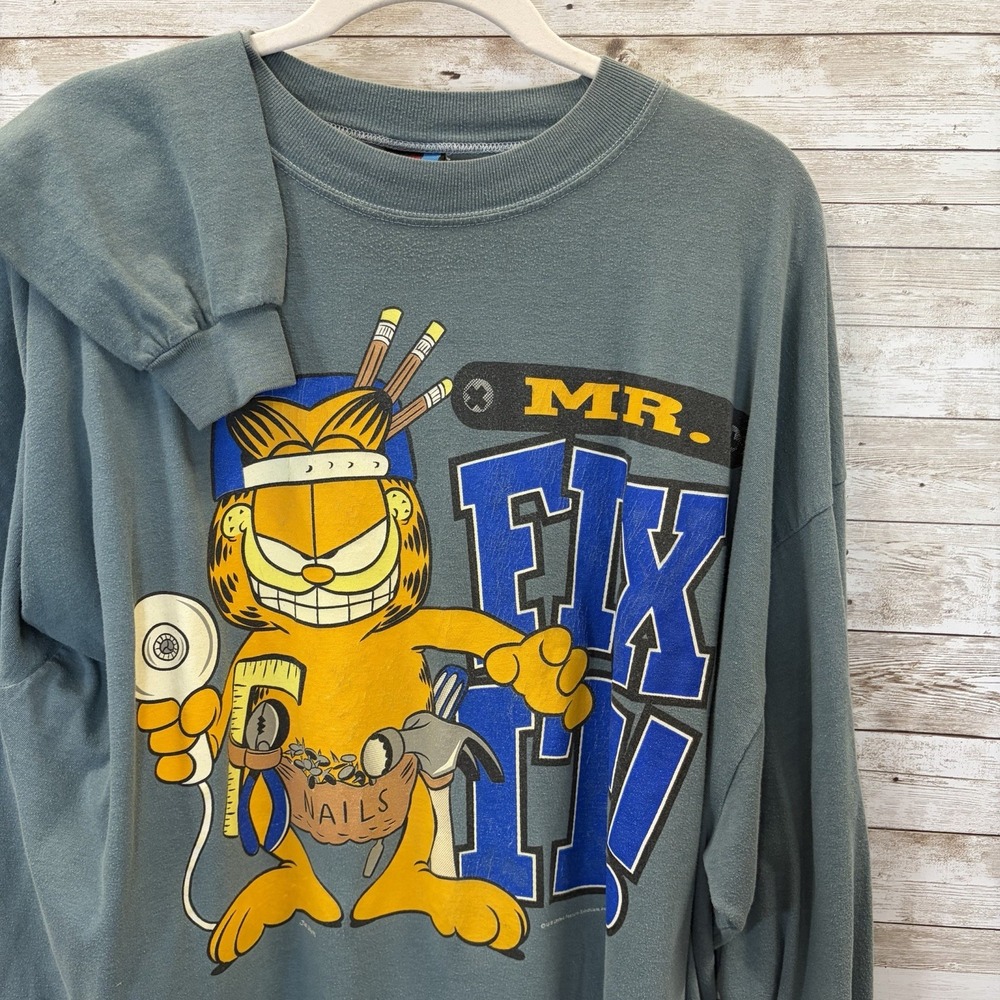 Vtg 90s Garfield Mens XXL Graphic T Shirt "Mr. Fix It" Long Sleeve Green Read!